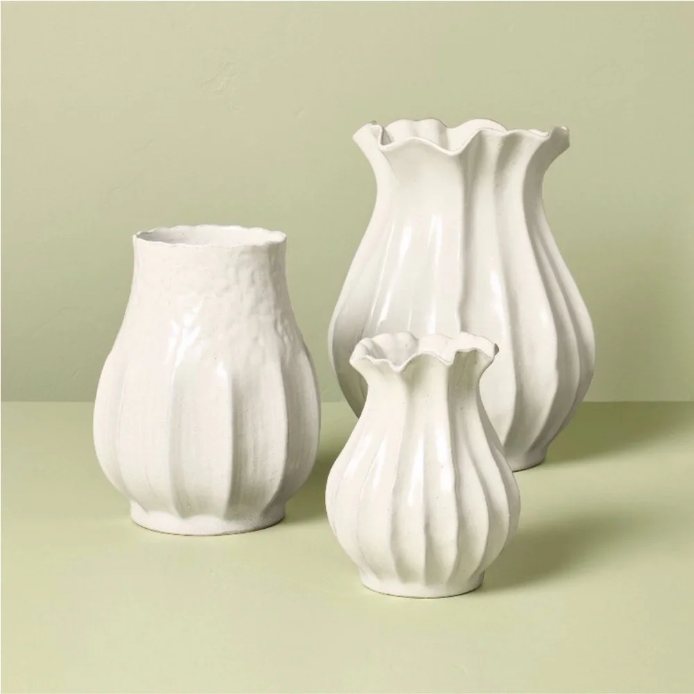 16” Pleated Ceramic Rustic Vase Sour Cream - Hearth & Hand™ with Magnolia